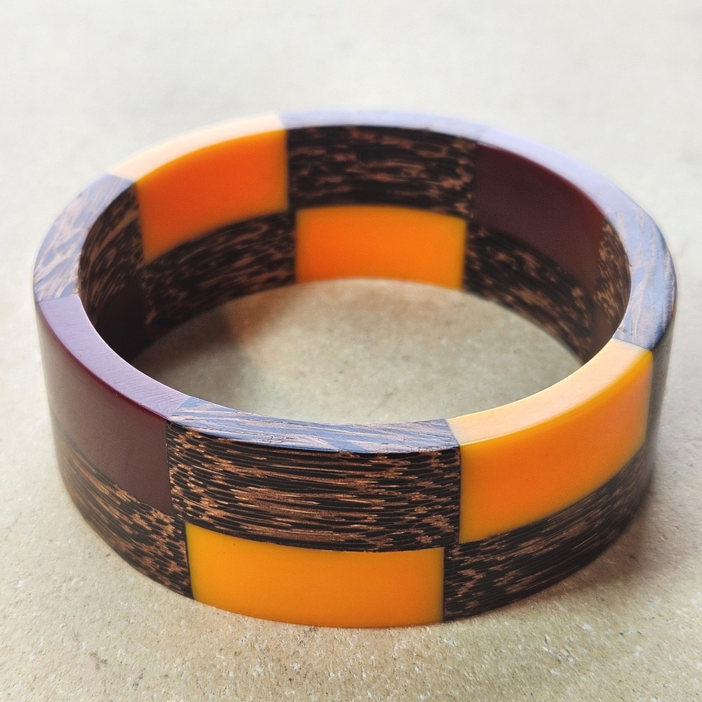 Vintage 60s Wood Lucite‎ Orange Brown Checkerboard Bangle Bracelet Geometric Mod